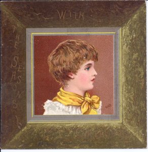 Et viktoriansk nyttårskort av en jente i regentskapsklær med en blå caps, ca. 1880 av Kate Greenaway