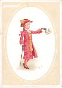 Et viktoriansk gratulasjonskort med barn som sitter ved et middagsbord mens en utkledd som kokk skjerper utskjæringskniven, ca. 1880 av Kate Greenaway