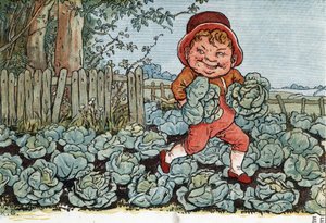 En nisse stjeler kål fra en grønnsakshage. (En nisse som stjeler kål). Illustrasjon av Kate Greenaway (1846-1901) fra boken med eventyr og barnerim for barn "" Under The Window" (1879), redigert av Edmund Evans.