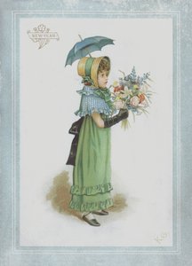 Jente i grønn kjole, holder parasoll og en bukett blomster av Kate Greenaway