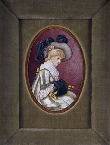 Ovalt portrett av en blond jente som har på seg en lue med hendene inne i muffen av Kate Greenaway