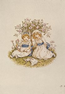 To jenter med dukker som sitter under en rosebusk, 1800-tallet av Kate Greenaway