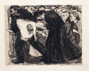 Påkjøre; Uberfahren, 1910 av Käthe Kollwitz