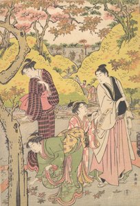 En ung mann, to unge kvinner og en jente på en piknikfest, ca. 1789. av Katsukawa Shuncho