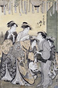 Courtesane Nishikido fra Chojiya tehus omgitt av sine damer, sent på 1700-tallet, Ukiyo-e kunsttrykk, av Katsukawa Shuncho (aktiv 1780-1800), Oban-tate-e tresnitt, 37x26 cm, japansk sivilisasjon, detalj av Katsukawa Shuncho