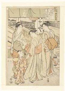 Nyter kveldsbrisen ved elven i Shijo, Kyoto. Kyo Shijogawara yuzuzumi (tittel på objekt) av Katsukawa Shuncho