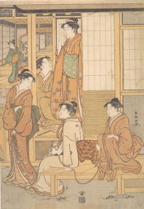 Gruppe av unge kvinner på verandaen til et tehus, sent på 1700-tallet. av Katsukawa Shuncho