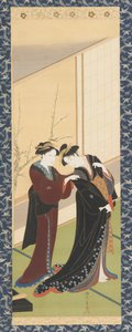Interiør: en kvinne som hjelper en jente å kle seg, Edo-perioden, 1726-1792.