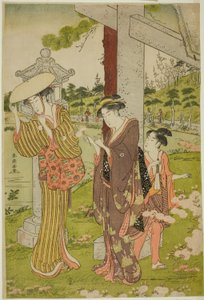 Plukker blomster ved Kumano Junisha-helligdommen i Tsunohazu av Katsukawa Shuncho