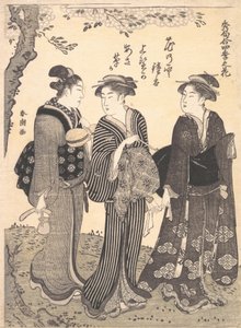 To kvinner ledsaget av en hushjelp, 1780-1795. av Katsukawa Shuncho