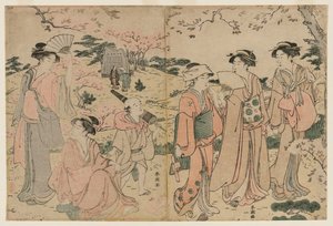 Kvinner ser på kirsebærblomster i Asukayama, 1780-tallet. av Katsukawa Shuncho