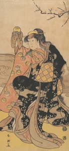 Den fjerde Iwai Hanshiro som en kvinne som holder en krystallkule og danser på bredden av ..., ca. 1788. av Katsukawa Shun