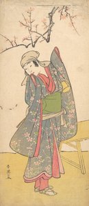 Den fjerde Iwai Hanshiro som en ung jente som står ved en trebenk, ca. 1790 av Katsukawa Shun