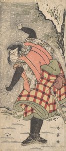 Uidentifisert skuespiller som en Kyokaku som står ved foten av en klippe i en snøstorm, ca. 1793. av Katsukawa Shun