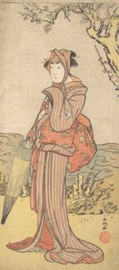 Iwai Kiyotaro som en kvinne som står under et plommetre, ca. 1788. av Katsukawa Shunko
