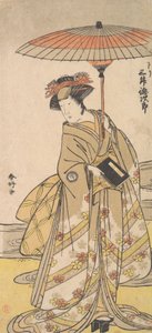 Mimasu Tokujuro som en kvinne som står nær en svingete bekk, ca. 1780. av Katsukawa Shunko
