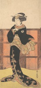 Den fjerde Iwai Hanshiro som en kvinne i en svart kimono, ca. 1778 av Katsukawa Shunko