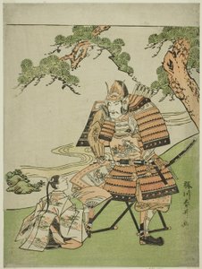 Krigeren Kusunoki Masashige (1294-1336) tar farvel med sin sønn Masatsura, ca. 1780 (treblokktrykk i farger; chuban) av Katsukawa Shunsei