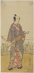 (En skuespiller i en samurai-rolle som holder en bambusfløyte) av Katsukawa Shunsho