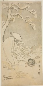 En pilegrim som ber gjennom natten til Buddha (kannenbutsu) blir skremt av et spøkelseshode som ligger på den snødekte bakken av Katsukawa Shunsho