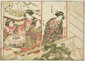 Kurtisaner fra Kiribishiya, fra boken "Mirror of Beautiful Women of the Pleasure Quarters (Seiro bijin awase sugata kagami)," vol. 2 av Katsukawa Shunsho