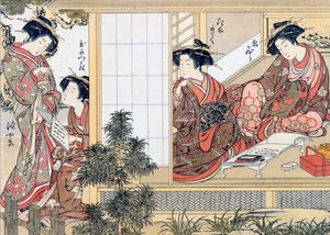 Kvinnelige japanske kurtisaner som leser og skriver, c1776.