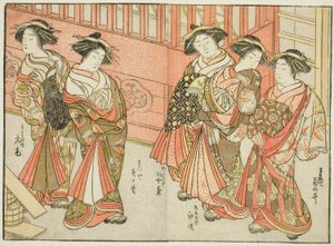 Five Courtesans of Various Houses, fra boken "Mirror of Beautiful Women of the Pleasure Quarters (Seiro bijin awase sugata kagami)," vol. 3 av Katsukawa Shunsho