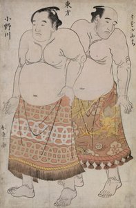 Full lengde Portraits of Wrestlers of the Eastern Group, som viser Uzugafuchi og Onagawa (farget treblokktrykk) av Katsukawa Shunsho