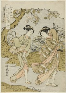 Funya no Yasuhide, Two Women in a Gusty Autumn Landscape, fra serien "Rokkasen (The Six Immortal Poets)" av Katsukawa Shunsho