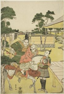 Musashibo Benkei bringer den fangede Tosabo Shoshun til Yoshitsune i skuespillet Horikawa Youchi no Zu Uki-e Nimaitsuzuki, ca. 1782 (treblokktrykk i farger; oban) av Katsukawa Shunsho