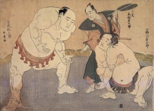 Onagawa Kisaburo og Tanikaze Kajinosuke fremfører Shiriki i Dohyo, referert til av Kimura Shonosuke av Katsukawa Shunsho
