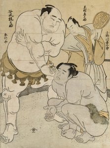 P re parathion s fore tch beto een Onagawa Saburo plan d Kajinosuke Tanikaze, dommer d av Shosuke Kimura av Katsukawa Shunsho