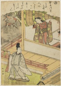 Scene 4: Hofdame snakker med en hoffmann på en veranda, sent på 1700-tallet av Katsukawa Shunsho
