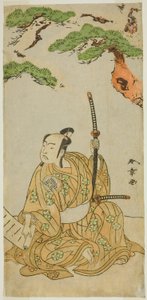 Skuespilleren Arashi Sangoro II som Sakura-maru i stykket Sugawara Denju Tenarai Kagami, fremført på Ichimura Theatre i den første måneden, 1772 av Katsukawa Shunsho