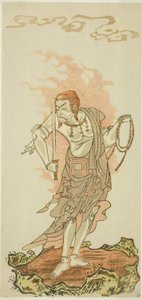 Skuespilleren Ichikawa Danjuro V som den buddhistiske guddommen Fudo i sluttscenen fra del én av stykket Fuki Kaete Tsuki mo Yoshiwara (Rethatched Roof: The Moon also Shines Over the Yoshiwara Pleasure District), fremført på Morita Theatre fra den første av Katsukawa Shunsho