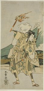 Skuespilleren Ichikawa Monnosuke II som Soga no Goro Tokimune i stykket Haru wa Soga Akebono-zoshi (?), fremført på Nakamura Theatre (?) i den første måneden, 1772 (?) av Katsukawa Shunsho