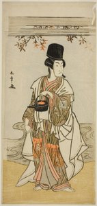 Skuespilleren Ichikawa Monnosuke II som hofftjener Shoheida Sadamori i stykket Masakado Kammuri no Hatsuyuki, fremført på Nakamura Theatre i den ellevte måneden, 1777 av Katsukawa Shunsho