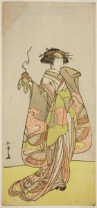 Skuespilleren Ichikawa Monnosuke II som kurtisan Kewaizaka no Shosho i stykket Sono Kyodai Fuji no Sugatami, fremført på Morita Theatre i den første måneden, 1776 av Katsukawa Shunsho