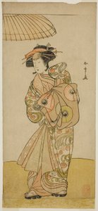 Skuespilleren Ikushima Daikichi III som kurtisanen Naniwazu i stykket Saki Masuya Ume no Kachidoki, fremført på Ichimura Theatre i den ellevte måneden, 1777 av Katsukawa Shunsho
