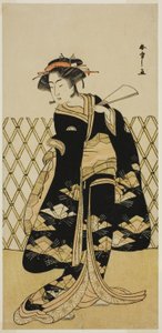 Skuespilleren Iwai Hanshiro IV som Mitsuogiya Usukumo i stykket Shida Choja-bashira, fremført på Nakamura Theatre i den åttende måneden, 1781 av Katsukawa Shunsho