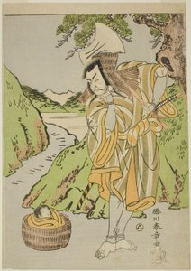 Skuespilleren Matsumoto Koshiro II som Osada no Taro Kagemune forkledd som vedhoggeren Gankutsu no Gorozo, i fjerde akt (?) av stykket Nue no Mori Ichiyo no Mato (Forest of the Nue Monster: Target of the Eleventh Month), fremført på Nakamura Theatre fra av Katsukawa Shunsho