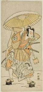 Skuespilleren Nakamura Juzo II som Kajiwara Genta Kagetoki i stykket Izu-goyomi Shibai no Ganjitsu, fremført på Morita Theatre i den ellevte måneden, 1772 av Katsukawa Shunsho