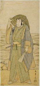 Skuespilleren Nakamura Nakazo I som Kume no Heinaizaemon forkledd som gatefortelleren Kosaka Jinnai, i skuespillet Kotobuki Banzei Soga, fremført på Ichimura Theatre i den femte måneden, 1783 av Katsukawa Shunsho