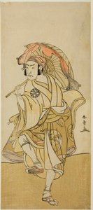 Skuespilleren Nakamura Nakazo I som Onmaya Kisanda forkledd som løvedanseren Kakubei i stykket Chigo Torii Tobiiri Kitsune, fremført på Ichimura Theatre i den ellevte måneden, 1777 av Katsukawa Shunsho