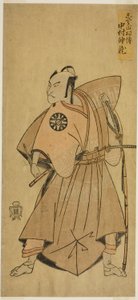 Skuespilleren Nakamura Nakazo I som Osada no Taro (?) i stykket Ima o Sakari Suehiro Genji (?), fremført på Nakamura Theatre (?) i den ellevte måneden, 1768 (?) av Katsukawa Shunsho