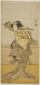 Skuespilleren Nakamura Tomijuro I som en kvinnelig rev fra Ubagadake-fjellet i stykket Chigo Torii Tobiiri Kitsune, fremført på Ichimura-teatret i den ellevte måneden, 1777 av Katsukawa Shunsho