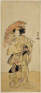 Skuespilleren Nakamura Tomijuro I som en kvinnelig rev fra Ubagadake-fjellet i stykket Chigo Torii Tobiiri Kitsune, fremført på Ichimura-teatret i den ellevte måneden, 1777 av Katsukawa Shunsho