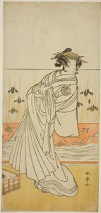 Skuespilleren Nakamura Tomijuro I som kurtisanen Toyama i stykket Koi Nyobo Somewake Tazuna, fremført på Nakamura Theatre i den niende måneden, 1777 av Katsukawa Shunsho