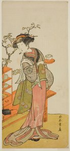 Skuespilleren Nakamura Tomijuro I som servitrisen Otake i stykket Chigo Suzuri Aoyagi Soga, fremført på Nakamura Theatre i den første måneden, 1777 av Katsukawa Shunsho