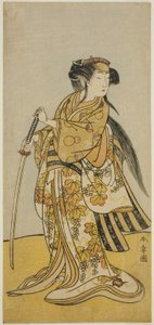 Skuespilleren Onoe Tamizo I som Kureha (?) i stykket Shusse Taiheiki (?), fremført på Nakamura Theatre (?) i den åttende måneden, 1775 (?) av Katsukawa Shunsho